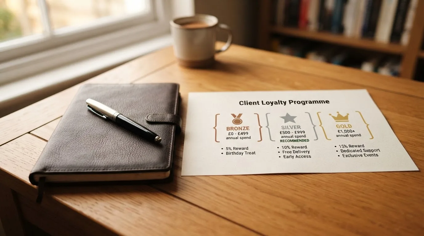 A desk with a printed loyalty-tier chart, a fountain pen, and a closed leather notebook.