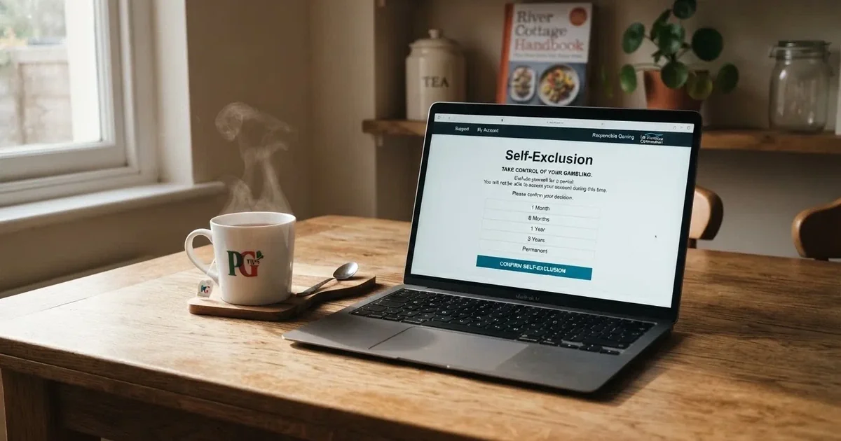 A laptop screen showing a self-exclusion sign-up page next to a cup of tea.